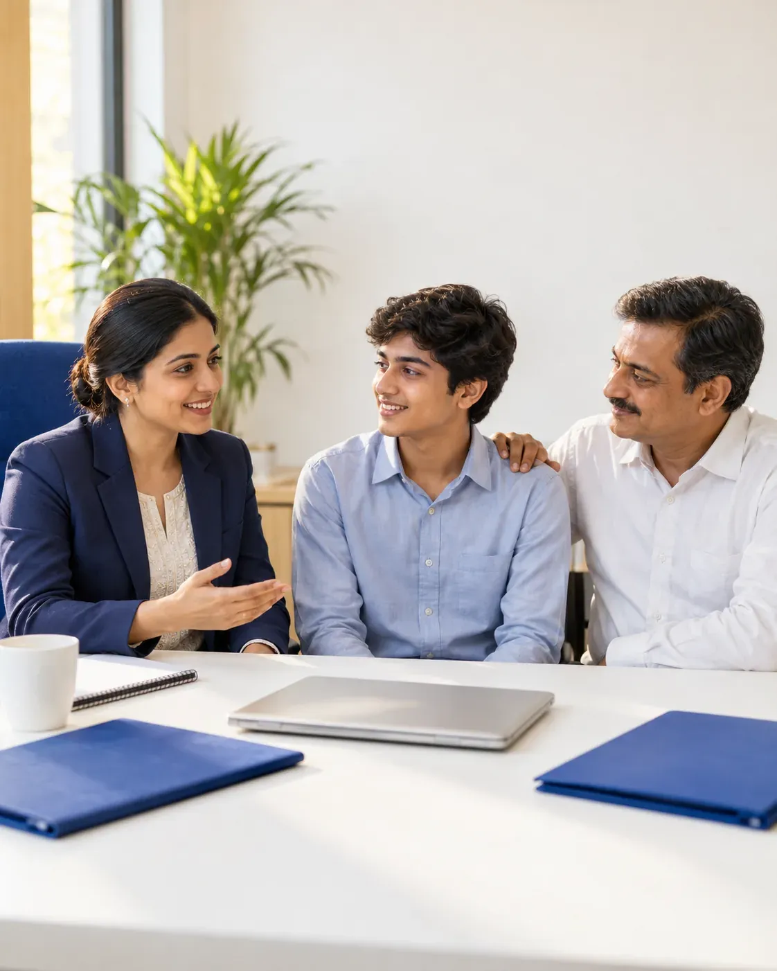 Counsellor discussing course options with a student and his father