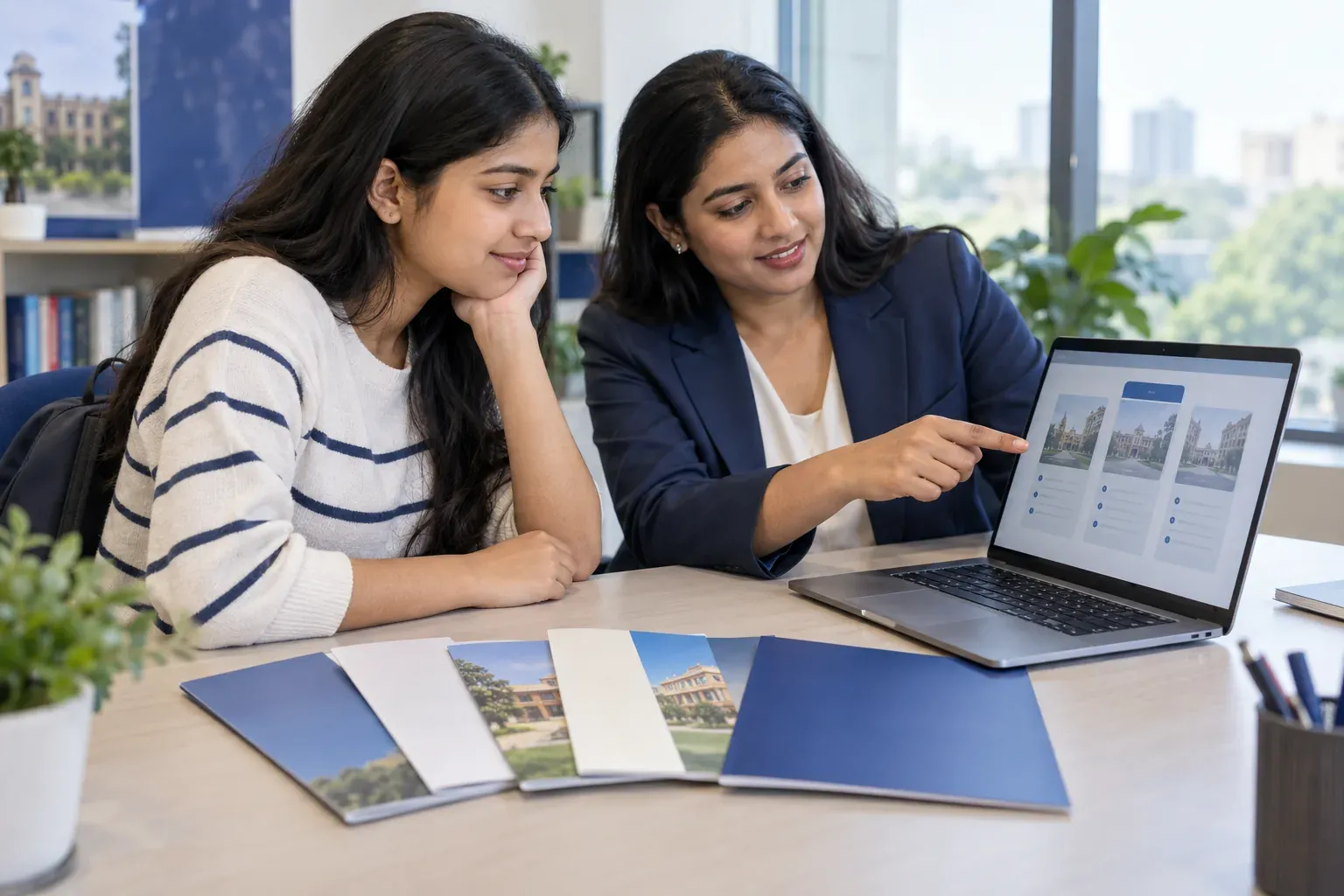 Student comparing college options on a laptop with a counsellor