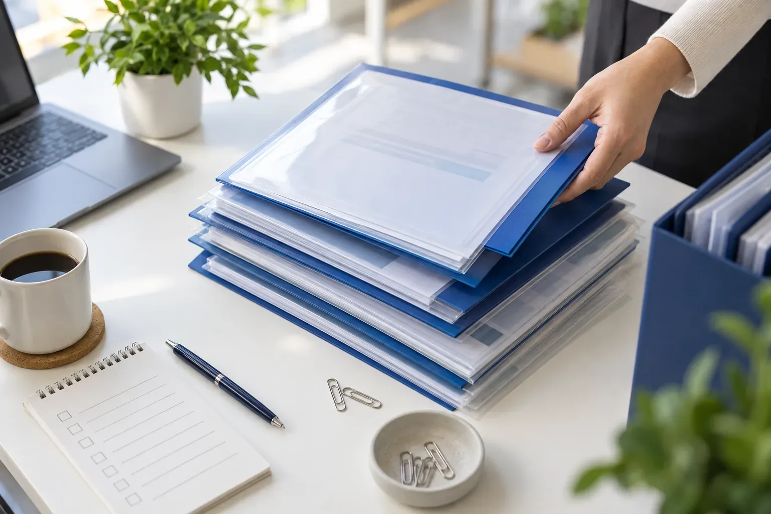 Admission documents organised in folders on a desk