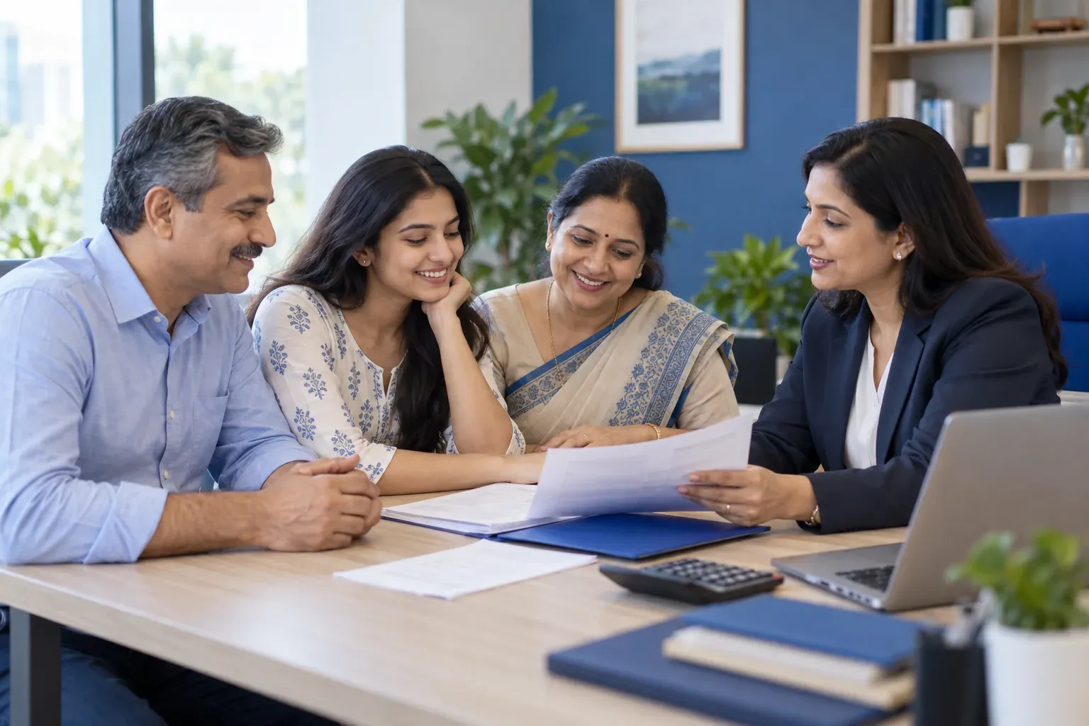 Family reviewing education loan documents with a counsellor